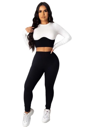 Two Tone Long Sleeve Crop Top and Leggings Set