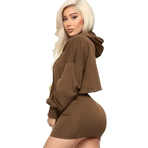 Wholesale Solid Cropped Hoodie and Mini Skirt Set