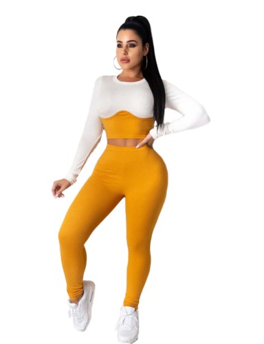 Two Tone Long Sleeve Crop Top and Leggings Set
