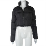 Black Warm Zipper Short Bread Jacket with Pockets