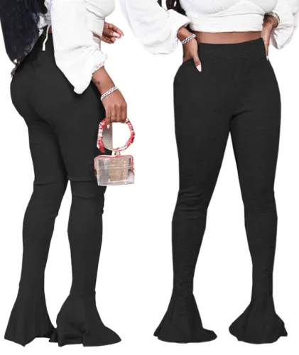 Plain Color Flare Bottom High Waist Pants