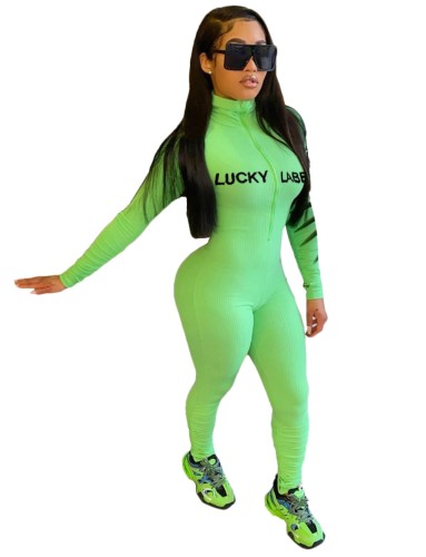 Embroidered Letter Long Sleeve Zipper Fitness Jumpsuit