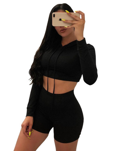 Black Cropped Hoodie and Shorts Set