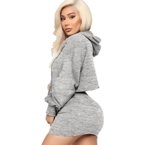 Wholesale Solid Cropped Hoodie and Mini Skirt Set