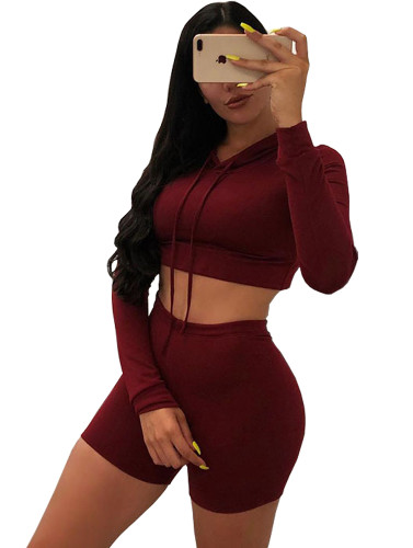 Burgundy Cropped Hoodie and Shorts Set