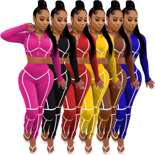 Contrast Piping Sports Zipper Crop Top & High Waist Pants Set