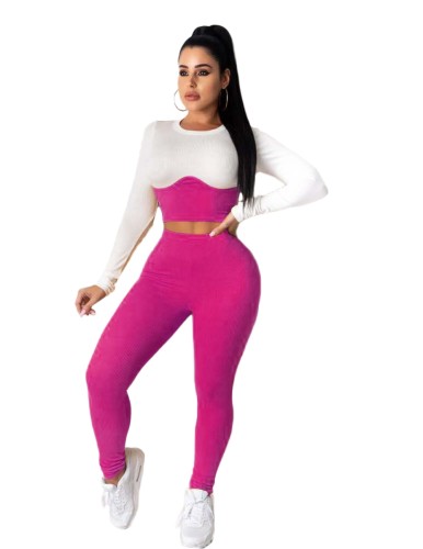 Two Tone Long Sleeve Crop Top and Leggings Set