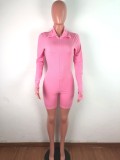 Fitness Solid Ribbed Long Sleeve Zip Up Bodycon Romper
