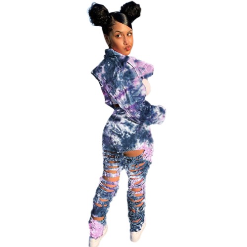 Wholesale Tie Dye Ripped Denim Shrug and Pants Set