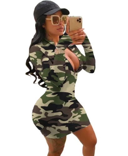 Camo Print Long Sleeve Bodycon Zip Up Dress