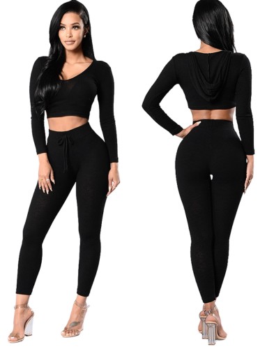 Pure Color V Neck Bodycon Crop Top and Pants Set