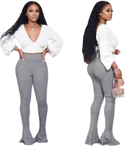 Sexy White V Neck Top and Gray Flare Bottom Pants Set