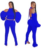 Solid Backless Balloon Sleeve Top and Stack Pants Set