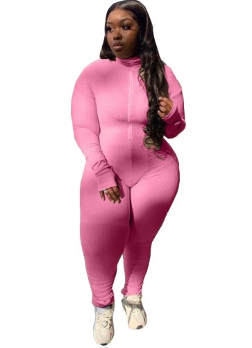 Plus Size Pink Zipper High Neck Bodycon Jumpsuit