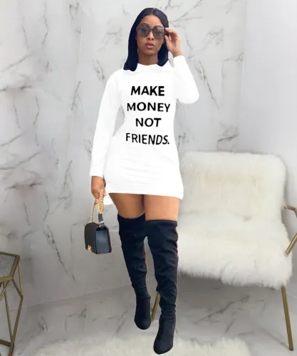 Letter Print White Long Sleeve Hooded Slit Dress
