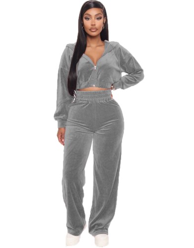 Gray Velvet Crop Top and Wide Leg Pants Hooded Tracksuit