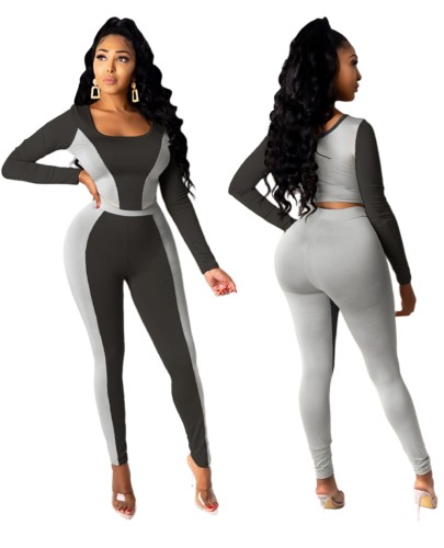 Tight Contrast Long SLeeve Crop Top and Pants Set