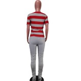 Striped Red & White Tee and Plain Stack Pants Set