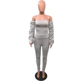 Gray Strapless Scrunch Sleeve Top and Stack Pants Set