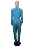 Plus Size Blue Zipper High Neck Bodycon Jumpsuit