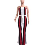 Contrast Striped Strapless Jumpsuit with Belt