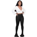 Sexy White V Neck Top and Black Flare Bottom Pants Set