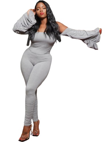 Gray Strapless Scrunch Sleeve Top and Stack Pants Set