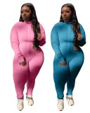 Plus Size Pink Zipper High Neck Bodycon Jumpsuit