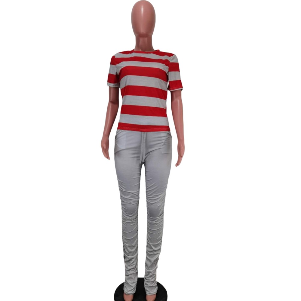 Striped Red & White Tee and Plain Stack Pants Set US$ 8.43 - www.lover-pretty.com
