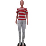Striped Red & White Tee and Plain Stack Pants Set