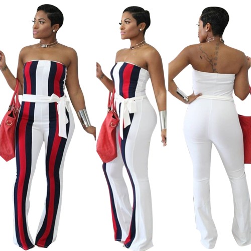 Contrast Striped Strapless Jumpsuit with Belt