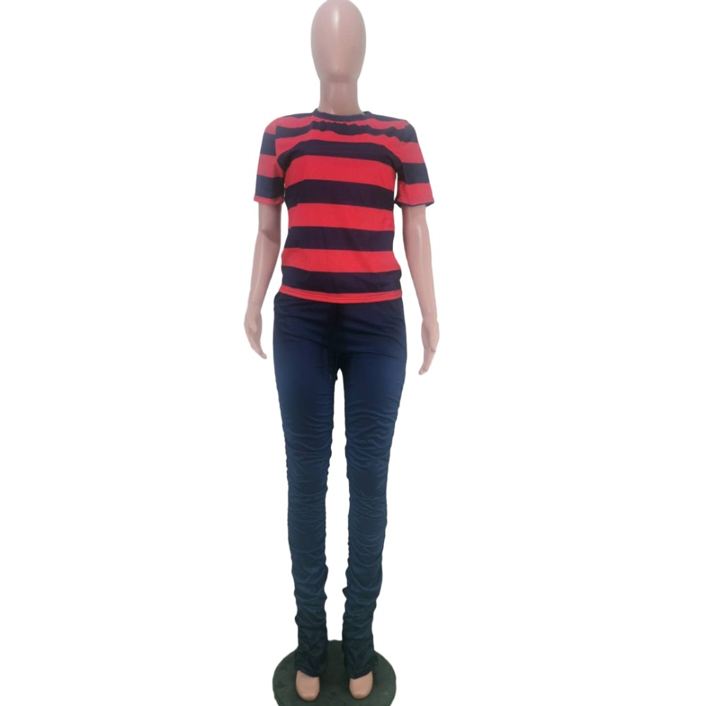 Striped Red & Black Tee and Plain Stack Pants Set US$ 8.43 - www.lover-pretty.com