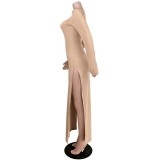 Khaki High Neck Long Sleeve Slit Bodycon Maxi Dress