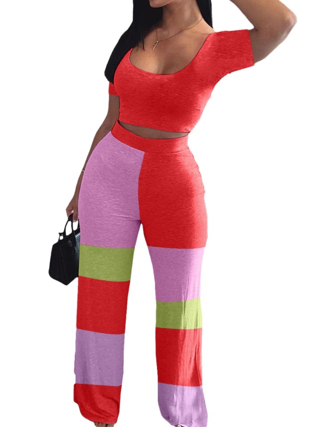 Orange Crop Top and Color Block Wide Leg Pants Set