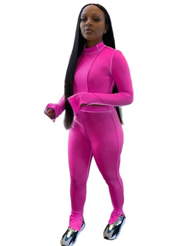 Hot Pink Mock Neck Crop Top and Pants Two Piece Set