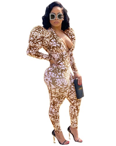 Sexy Plunge Puff Sleeve Print Bodycon Jumpsuit