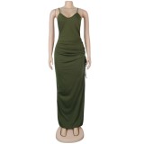 Wholesale Solid Color Halter Slit Long Dress