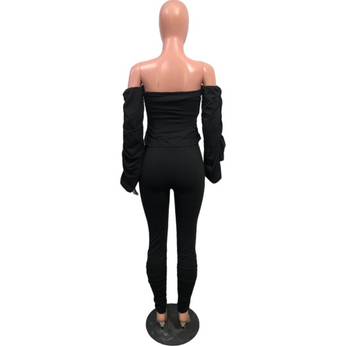 Black Strapless Scrunch Sleeve Top and Stack Pants Set