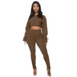 Two Piece Tie Cuff Crop Top and Tight Pants Set