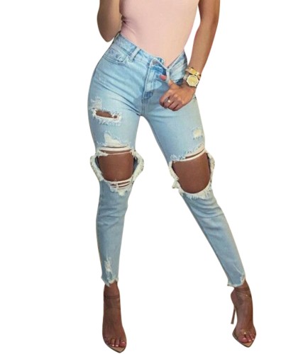 Street Style Ripped Light Blue Tight Jeans