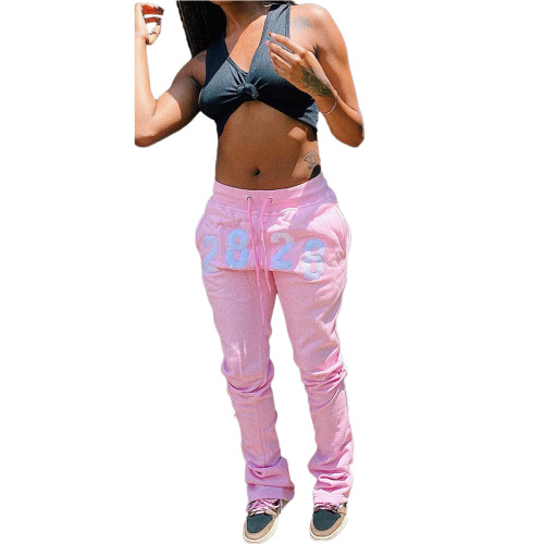 Pink Embroidered Number Casual Track Pants