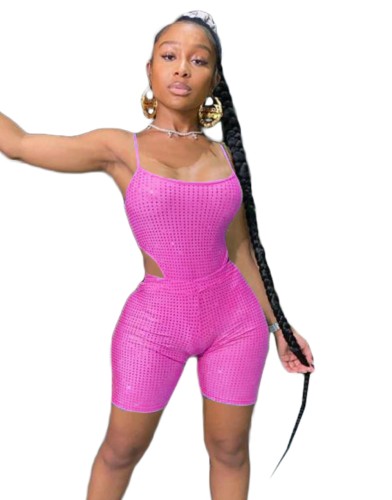 Hot Pink Dot Print Straps Bodysuit & Shorts Set