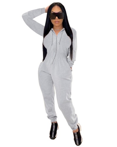 Casual Solid Zip Up Hooded Jumpsuit