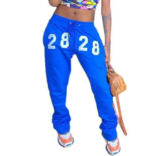 Blue Embroidered Number Casual Track Pants