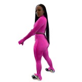 Hot Pink Mock Neck Crop Top and Pants Two Piece Set