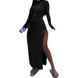 Black High Neck Long Sleeve Slit Bodycon Maxi Dress