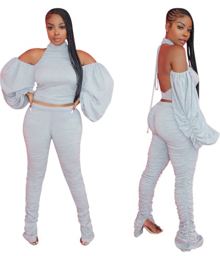 Solid Backless Balloon Sleeve Top and Stack Pants Set