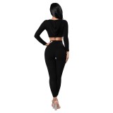 Pure Color V Neck Bodycon Crop Top and Pants Set
