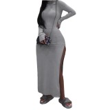 Gray High Neck Long Sleeve Slit Bodycon Maxi Dress
