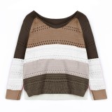 Color Block Hollow Out Round Neck Pullover